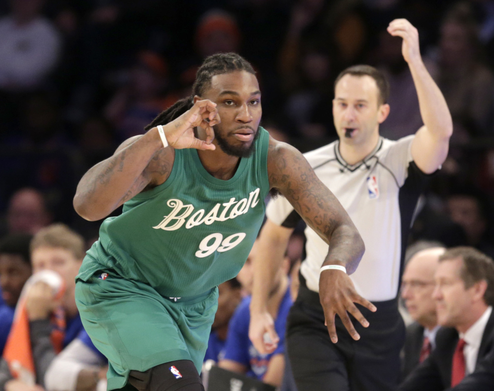 Boston's Jae Crowder reacts after hitting a 3-pointer in the first half Sunday in New York.