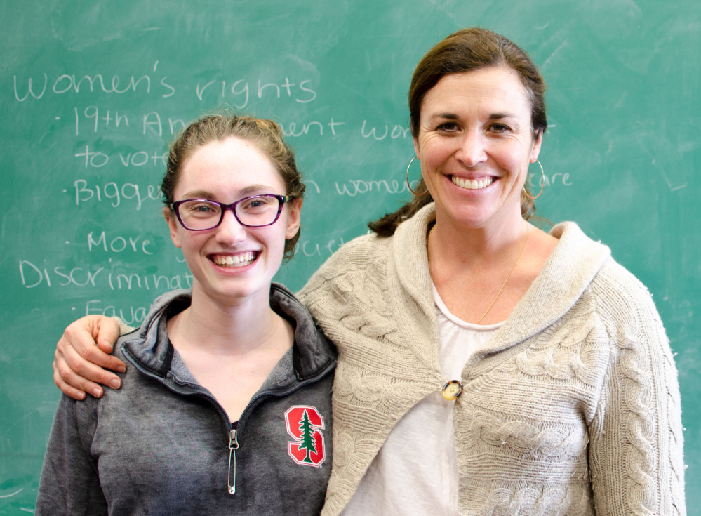Berwick Academy faculty member Jen Onken, right, was recently recognized by Stanford University for exceptional teaching. The recognition is a result of a written nomination from Berwick alum and Onken's former student Claire Breger-Belsky, left.