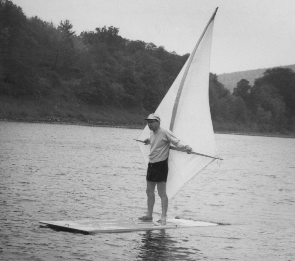 S. Newman Darby sails on his first sailboard in 1964. Darby's design for the board launched what became the sport of windsurfing.