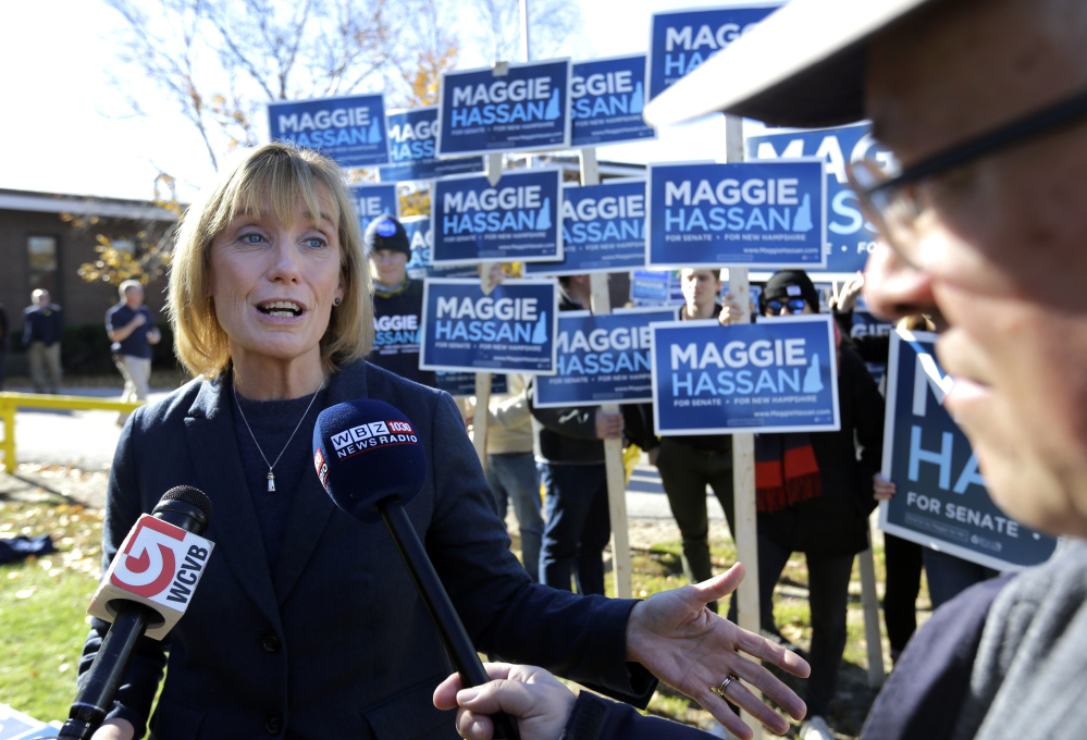 New Hampshire Democratic Gov. Maggie Hassan speaks outside a polling place in Portsmouth, N.H. on Election Day. She is one of seven newly elected senators.