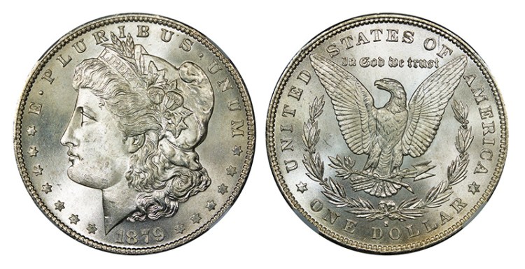 The real Morgan silver dollar was a U.S. coin minted from 1878 to 1904, and then again in 1921.  The coin is named after its designer, United States Mint Assistant Engraver George T. Morgan. 
This particular coin was minted in 1879 at the San Francisco Mint. <em>Wikipedia photos</em>