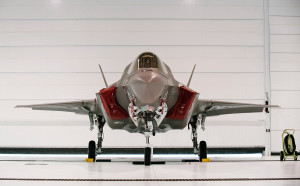 A U.S. Marine F-35B Joint Strike Fighter Jet sits in a hangar after the roll-out ceremony at Eglin Air Force Base in Florida on Feb. 24, 2012. The B model of the new single-engine, supersonic fighter jet can take off from shorter runways and can hover and land like a helicopter. Reuters/Michael Spooneybarger