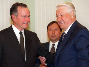 Russian President Boris Yeltsin welcomes former U.S. president George Bush in Moscow on June 18, 1998. The former president, who was in office when the Soviet Union collapsed in 1991, was in Russia for a brief visit to mark the opening of the local office of investment bank Goldman Sachs in Moscow.