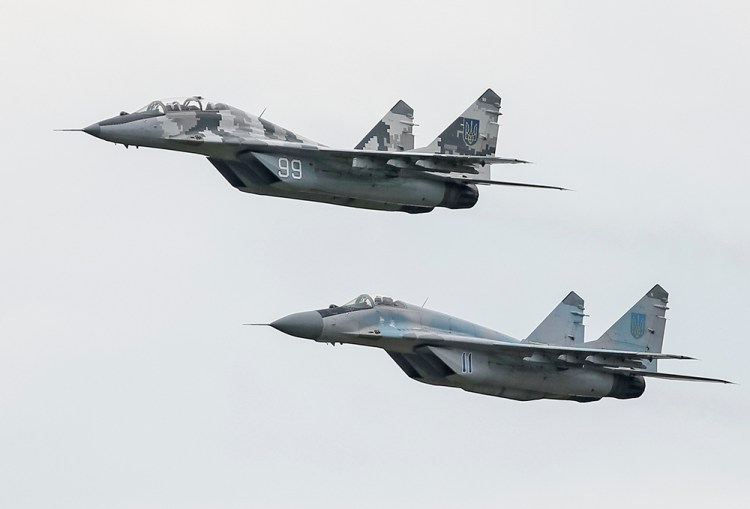 MIG-29 fighter planes fly at a military air base in Vasylkiv, Ukraine, on Aug. 3, 2016. <em>Reuters/Gleb Garanich</em>