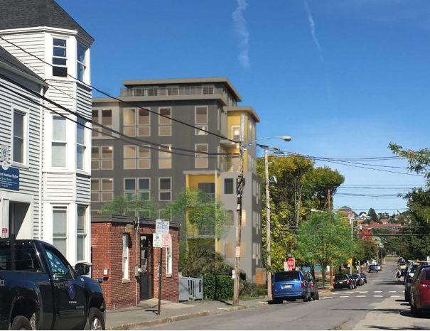 A rendering of the proposed apartment building at 75 Chestnut Street in Portland's Bayside neighborhood from the project's planning board application. 