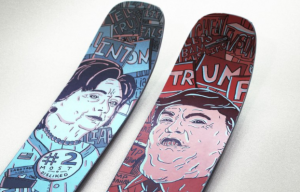 Ski maker Renoun create a Trump vs. Hillary ski to commemorate the 2016 presidential election. The skis were designed by Jamie Tam.