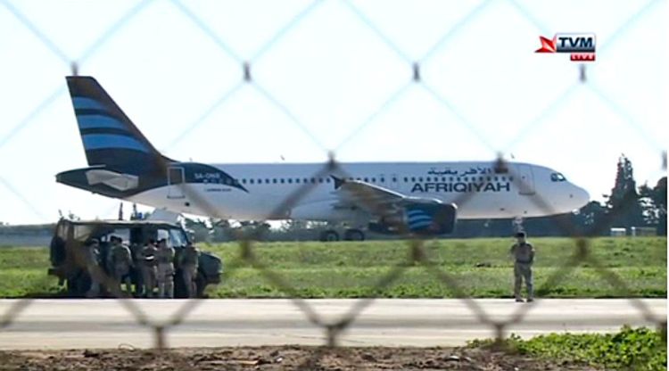 In this screen image taken from television a hijacked Afriqiyah Airways A320 sits on the tarmac at Malta International airport Friday. <em>TVM via AP</em>