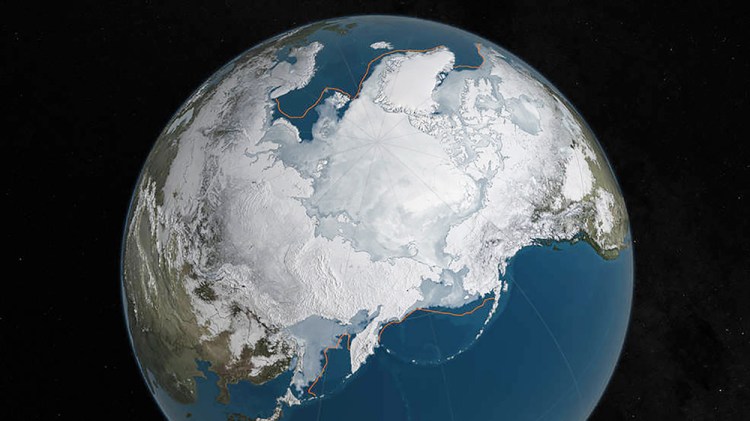 This NASA illustration shows Arctic sea ice at a record low wintertime maximum extent for the second straight year, according to scientists at the NASA-supported National Snow and Ice Data Center. At 5.607 million square miles, the sea ice is 431,000 square miles below the 1981 to 2010 average. <em>NASA Goddard's Scientific Visualization Studio/C. Starr/ via Reuters </em>