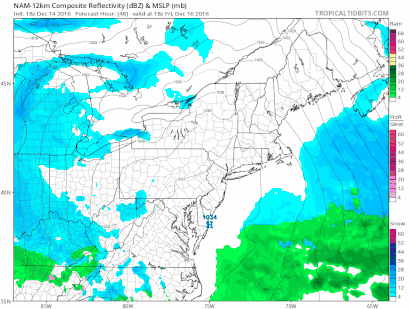 Image shows snow (blue) moving into area early Saturday and then ending as rain (green) late Saturday.