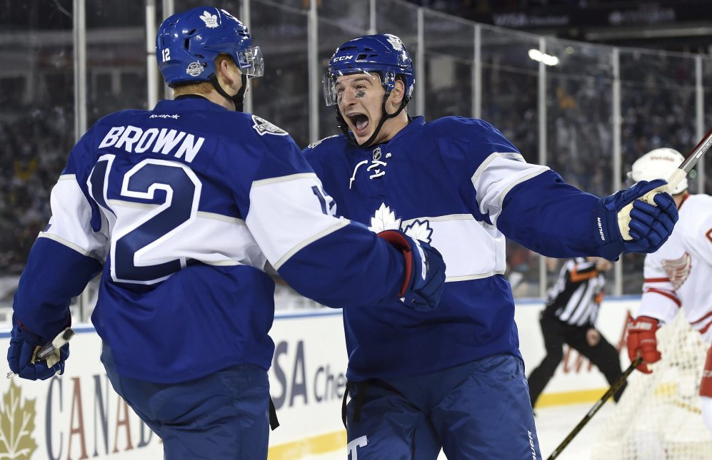 Maple Leafs right wing Connor Brown, left,celebrates his goal with teammate Zach Hyman in Toronto's 5-4 win in overtime over Detroit Sunday in Toronto.