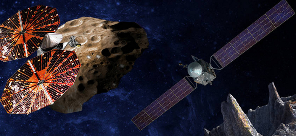 An artist's conception shows the Lucy spacecraft, left, which will be sent near Jupiter, and the Psyche orbiter, which will study what is thought to be the iron core of a protoplanet.