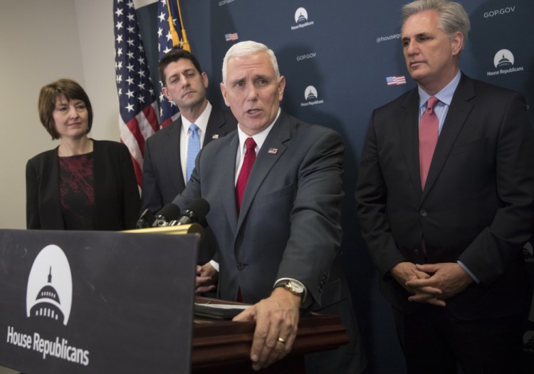 Vice President-elect Mike Pence, center, is joined by, from left, Rep. Cathy McMorris Rodgers, R-Wash., chair of the House Republican Conference, House Speaker Paul Ryan of Wisconsin, and House Majority Leader Kevin McCarthy of California, at a news conference following a closed-door meeting with the Republican caucus in Washington on Wednesday. Pence and Ryan promised repeal of President Obama's health care law.  