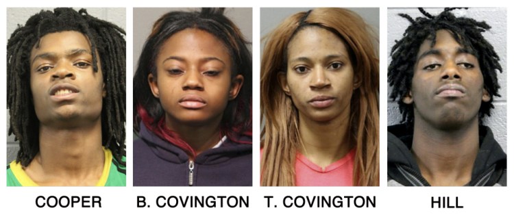 These booking photos provided by the Chicago Police Department show, from left, Tesfaye Cooper, Brittany Covington, Tanishia Covington and Jordan Hill, who are charged with aggravated kidnapping and taking part in a hate crime after allegedly beating and taunting a man in a video broadcast live on Facebook.