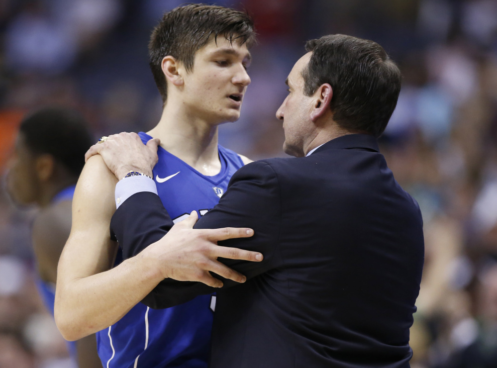 Duke guard Grayson Allen,  left, received just a one-game suspension from his coach, Mike Krzyzewski, right, who is about to depart the team to undergo back surgery, leaving much unsettled for the eighth-ranked Blue Devils.