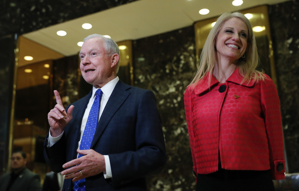 Sen. Jeff Sessions, R-Ala., with Kellyanne Conway, campaign manager for President-elect Donald Trump. His supporters and opponents paint a very different picture of him.