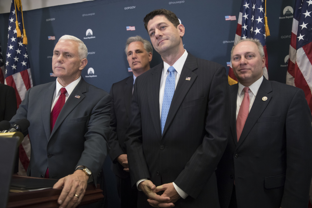 From left, Vice President-elect Mike Pence, House Majority Leader Kevin McCarthy of Calif., House Speaker Paul Ryan of Wis., and House Majority Whip Steve Scalise of La. meet with reporters on Capitol Hill in Washington, Wednesday, Jan. 4, 2017, following a closed-door meeting with the GOP caucus to disucss repeal of President Obama's health care law now that the GOP is in charge of White House and Congress. (AP Photo/J. Scott Applewhite)