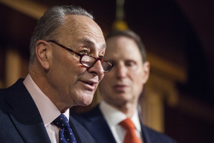 Senate Minority Leader Charles Schumer of New York, left, accompanied by Sen. Ron Wyden, D-Ore., speaks during a news conference on Capitol Hill in Washington. Democrats planned hours of Senate speeches Monday to condemn the Republican push to obliterate President Barack Obama's health care overhaul.