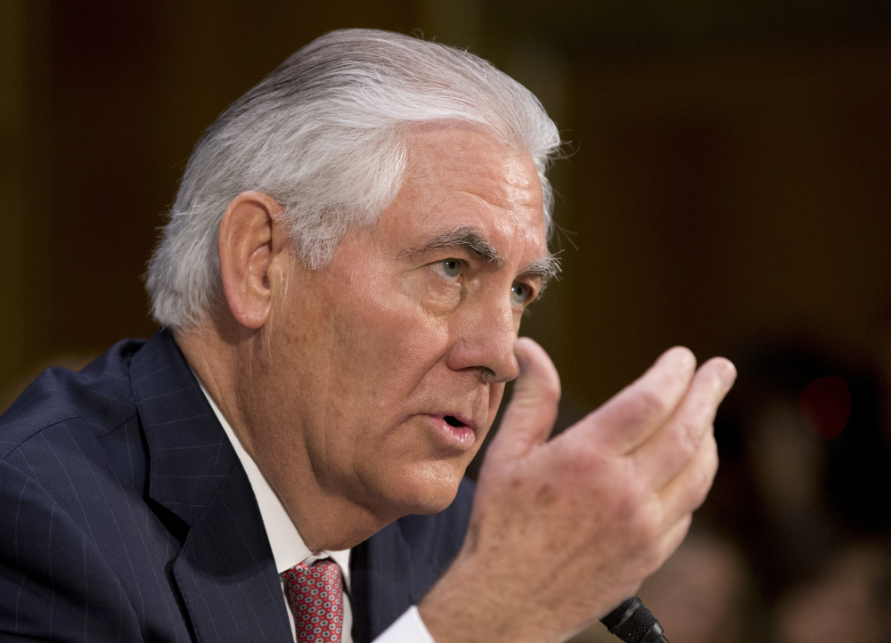 Secretary of State-designate Rex Tillerson testifies on Capitol Hill in Washington on Wednesday at his confirmation hearing before the Senate Foreign Relations Committee.