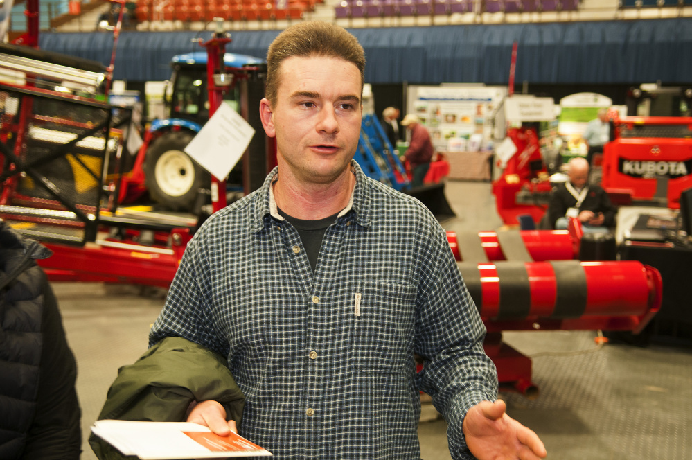 Chad Thornwall talks about how the drought last summer affected his Chalet Farms in Hampden during an interview Wednesday at the 76th Maine Agricultural Trades Show at the Augusta Civic Center.