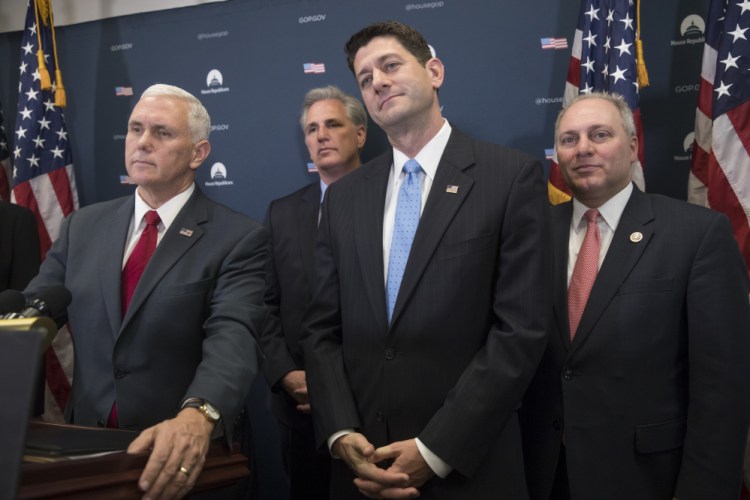 From left, Vice President-elect Mike Pence, House Majority Leader Kevin McCarthy of California, House Speaker Paul Ryan of Wisconsin and House Majority Whip Steve Scalise of Louisiana meet with reporters last week following a closed-door meeting with the Republican caucus to discuss repeal of President Obama's health care law.