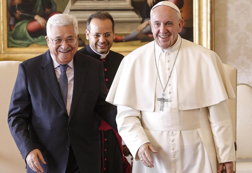 Pope Francis meets with Palestinian President Mahmoud Abbas at the Vatican on Saturday. Palestine inaugurated an embassy in Vatican City and the Pope called Jerusalem holy.