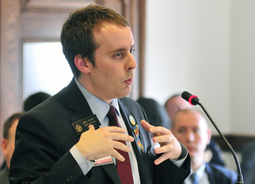 Sen. Eric Brakey, R-Auburn, speaks at a Criminal Justice and Public Safety committee hearing in 2015.