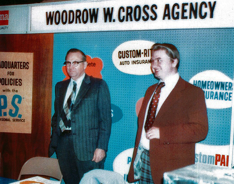 Above, Woodrow Cross, left, and his son Royce Cross man the insurance agency's booth at a trade show in the 1970s. Royce is now the president and CEO. At left, Woodrow Cross, 25, in 1942. He fought in World War II, earning two battle stars.