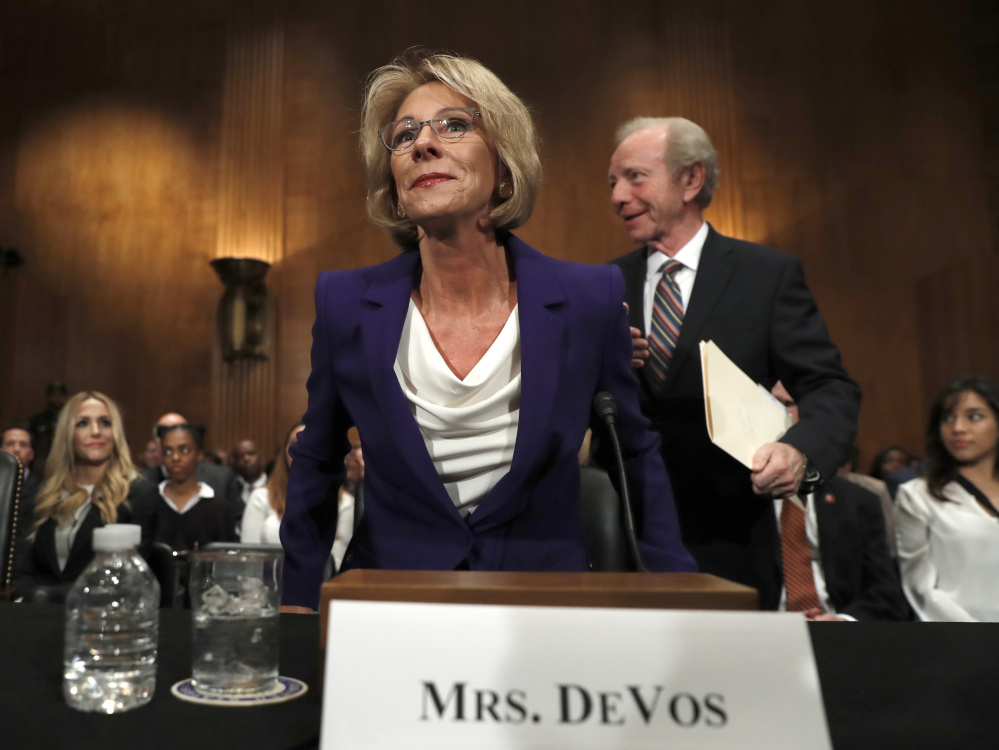 Education Secretary-designate Betsy DeVos arrives on Capitol Hill for her confirmation hearing on Tuesday.