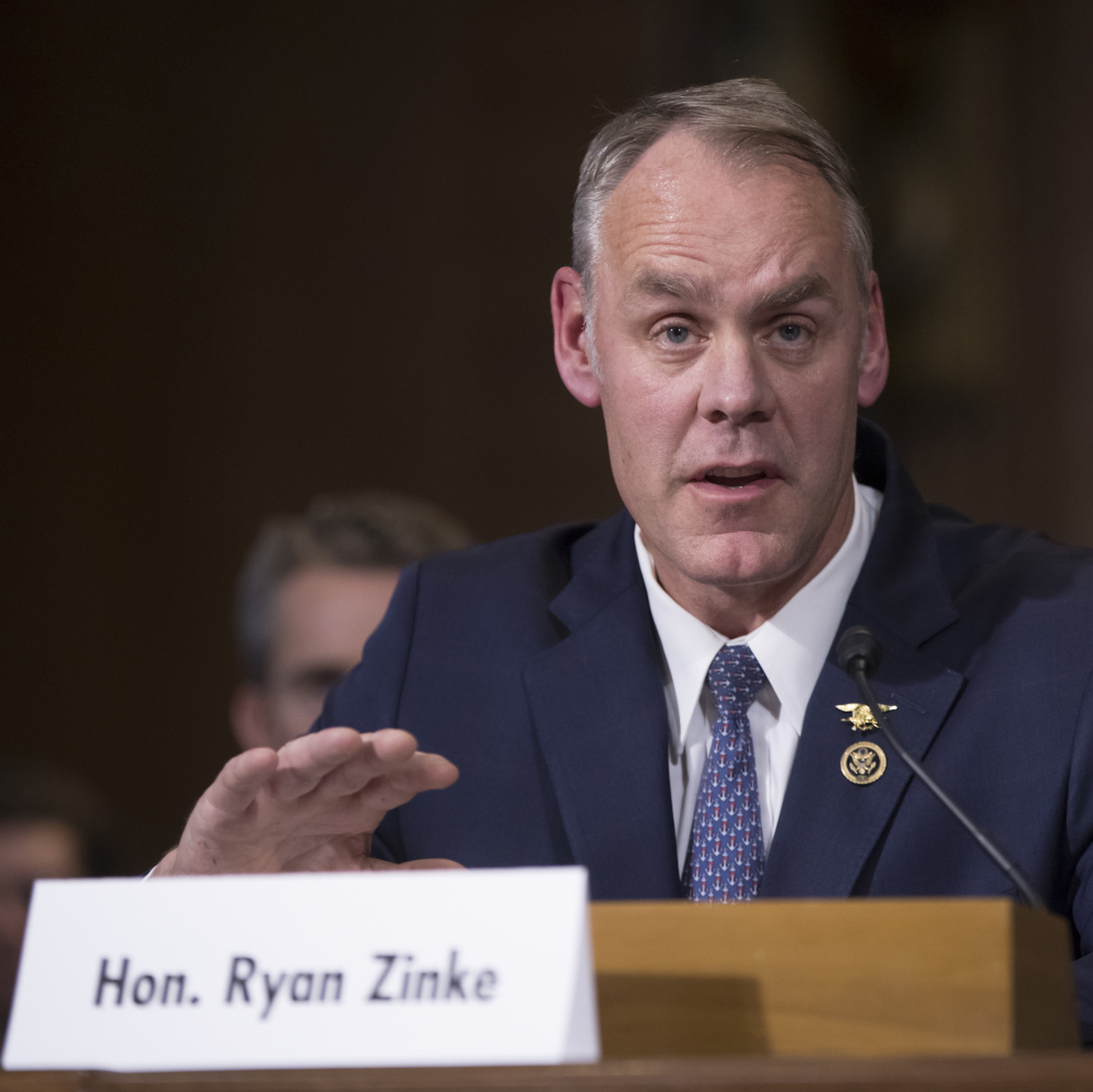 Interior Secretary-designate, Rep. Ryan Zinke, R-Mont. testifies on Capitol Hill in Washington, Tuesday, at his confirmation hearing.
