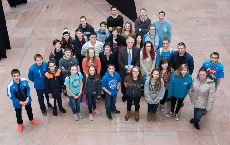 U.S. Sens. Susan Collins and Angus King, center, welcomed members of the Pride of Madawaska Band to Washington on Wednesday. The middle school and high school students will perform Thursday in the inauguration welcome concert at the Lincoln Memorial.