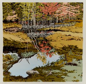 "New Dams in Meadow," woodcut 1984