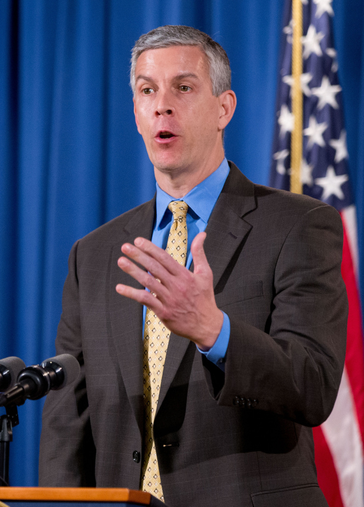 Education Secretary Arne Duncan responds to a question during a news conference in 2015.