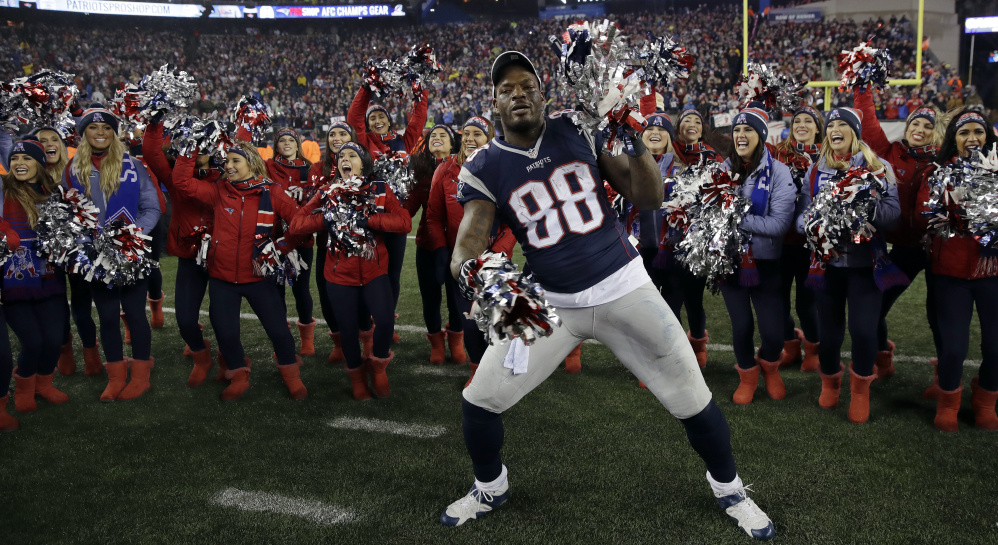 A victory secured. Another AFC championship. Another trip to the Super Bowl. So the Patriots got to celebrate in a big way after demolishing the Steelers on Sunday. Martellus Bennett, a first-year Patriot who doubted that he'd ever play in a Super Bowl, danced with the cheerleaders.