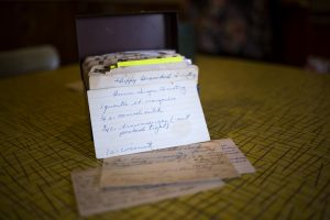 Some of the old recipe cards and the box that they came in when Graham found them at a yard sale about two years ago. Graham believes the woman who made these cards lived in the area because they contain a number of classic New England recipes.