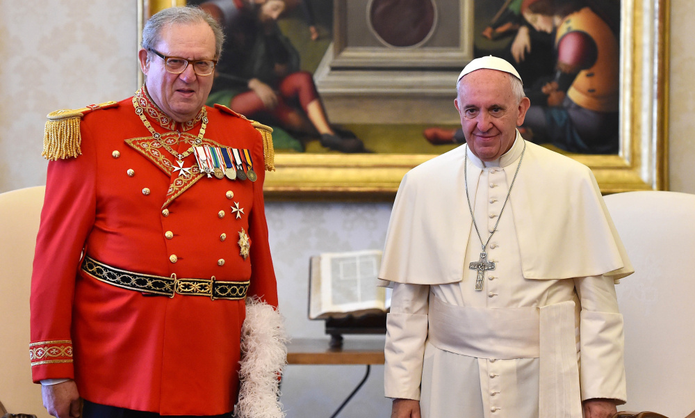 Pope Francis and Grand Master of the Knights of Malta Matthew Festing meet at the Vatican last June.
