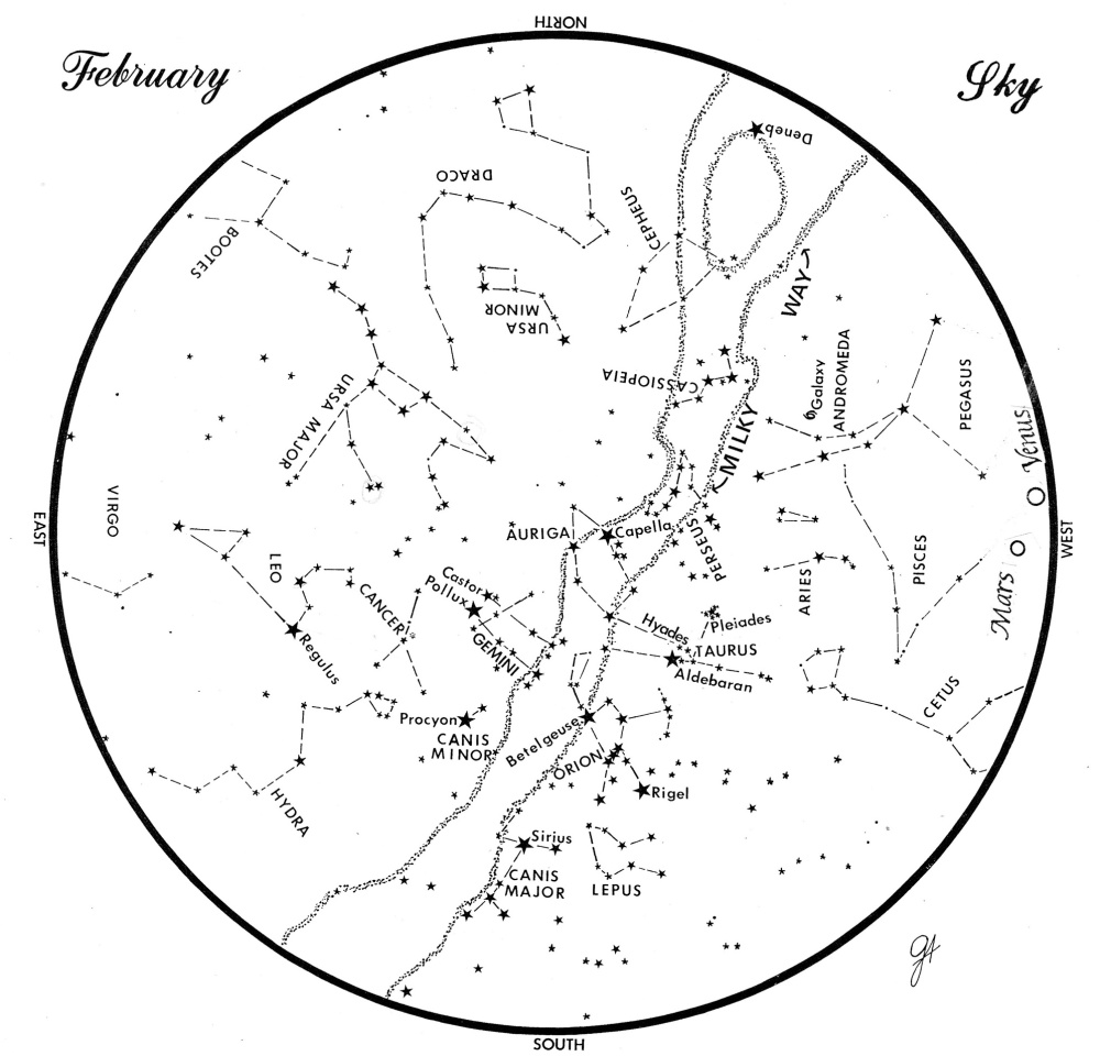 SKY GUIDE: This chart represents the sky as it appears over Maine during February. The stars are shown as they appear at 9:30 p.m. early in the month, at 8:30 p.m. at midmonth and at 7:30 p.m. at month's end. Mars and Venus are shown in their midmonth positions. To use the map, hold it vertically and turn it so that the direction you are facing is at the bottom.