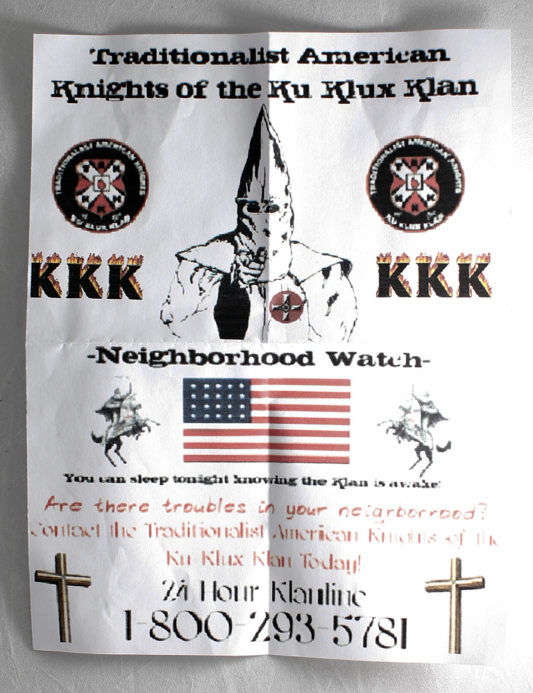A "neighborhood watch" flier left in a Freeport driveway included text – not shown – that read: "Are there troubles in your neighborhood? Contact the ... Ku Klux Klan Today!"