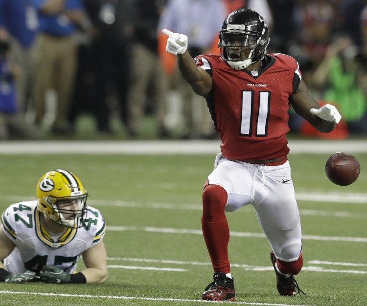 The Falcons' Julio Jones had nine catches for 180 yards against Green Bay last week as he helped Atlanta advance to the Super Bowl for the first time in 18 years.