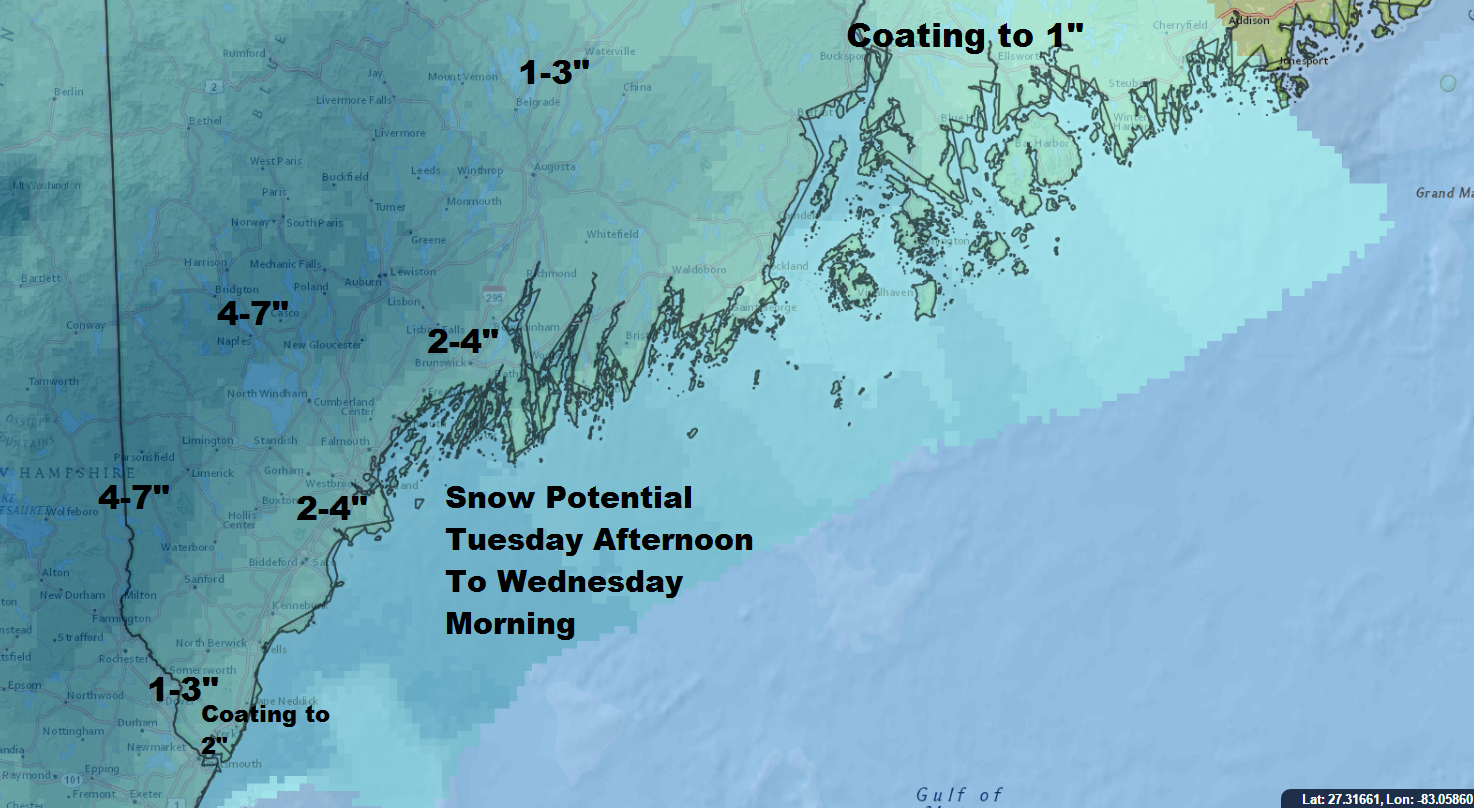 Snow will be heaviest inland during Tuesday Nights snow.