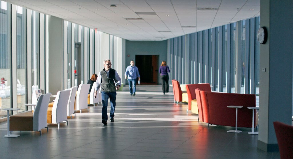 Employees at Idexx Laboratories walk down a corridor at the Westbrook campus. The company has been added to the S&P 500.
Ben McCanna/Staff Photographer