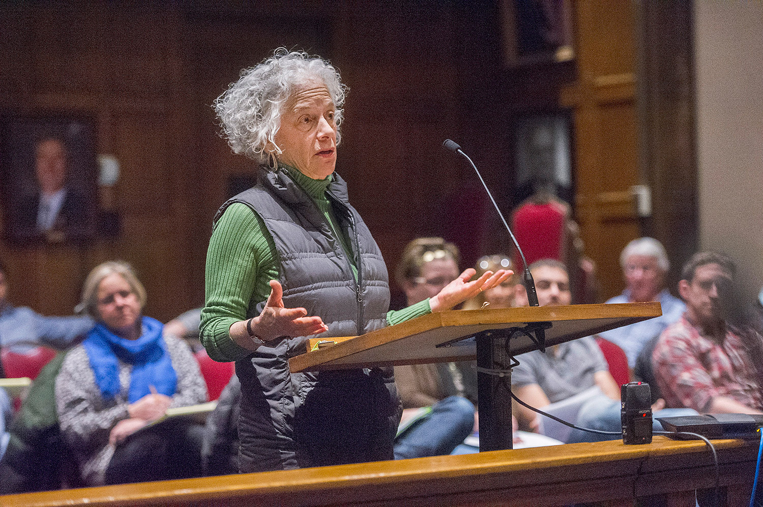 Elizabeth Lantz, who lives on Longfellow Street, speaks out against the short-term rentals during Wednesday's hearing at Portland City Hall.