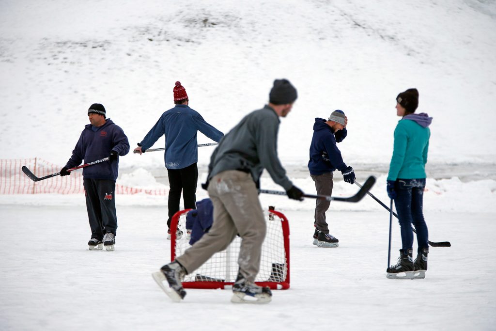 Pickup hockey games at Riverside Municipal Golf Course in Portland are informal, with players taking turns and switching sides. 