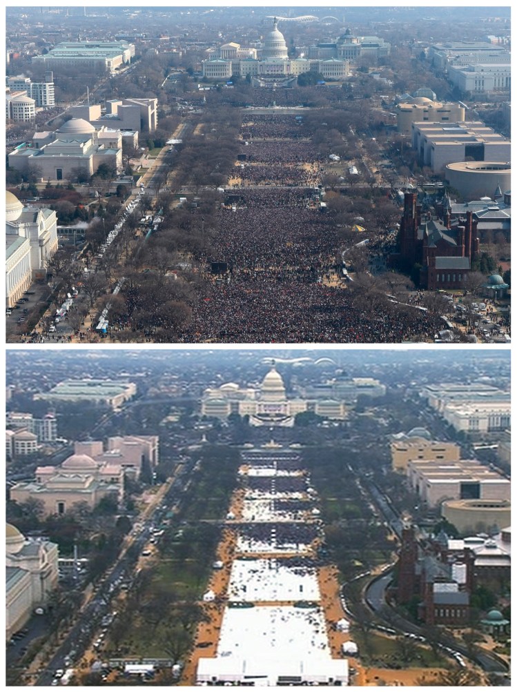This pair of photos shows a view of the crowd on the National Mall at the inaugurations of President Barack Obama, above, on Jan. 20, 2009, and President Donald Trump, below, on Jan. 20, 2017. The photo above and the video frame below were both shot shortly before noon from the top of the Washington Monument. 