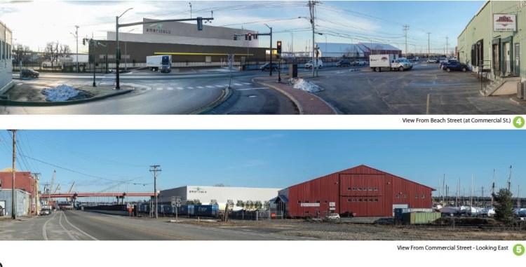 Though not a final design, these sketches show what a proposed Americold warehouse on Portland's eastern waterfront might look like. The top image depicts a view from Beach Street and the bottom shows what it could look like from Commercial Street.