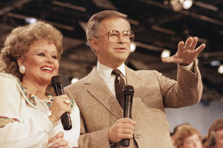 Tammy Faye Bakker, who died in 2007, and Jim Bakker are shown talking to their television audience in 1986 at their PTL Ministry in Fort Mill, S.C. Columnist Robert Skoglund says he was surprised to see Jim Bakker back on TV, still peddling.
