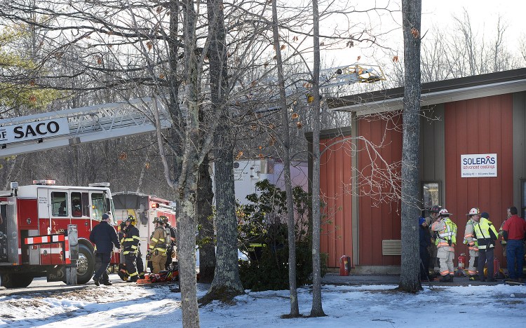 Firefighters respond to a fire at Soleras Advanced Coatings at 16 Landry St. in Biddeford on Thursday.