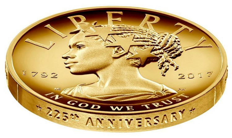 This undated handout image provided by the U.S. Mint shows the design for the 2017 American Liberty 225th Anniversary Gold Coin.  