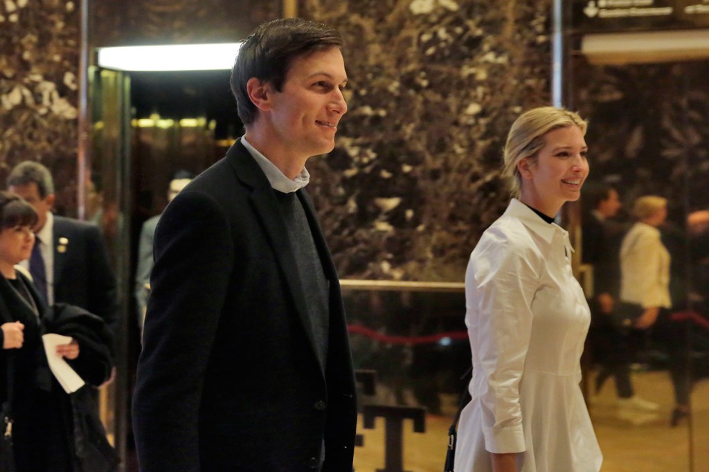 Jared Kushner and his wife, Ivanka Trump, walk through the lobby of Trump Tower in New York in November. 
