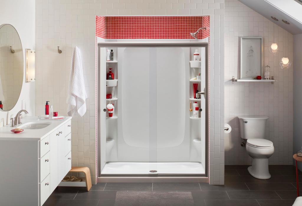 A customizable-storage shower is a great way to save space in the bathroom.