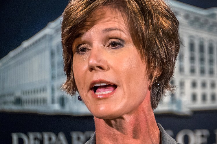 Sally Yates speaks at the Justice Department in Washington in June, when she was deputy attorney general. On Monday, President Trump fired Yates from her post as acting attorney general after she ordered Justice Department lawyers not to defend Trump's immigration ban.